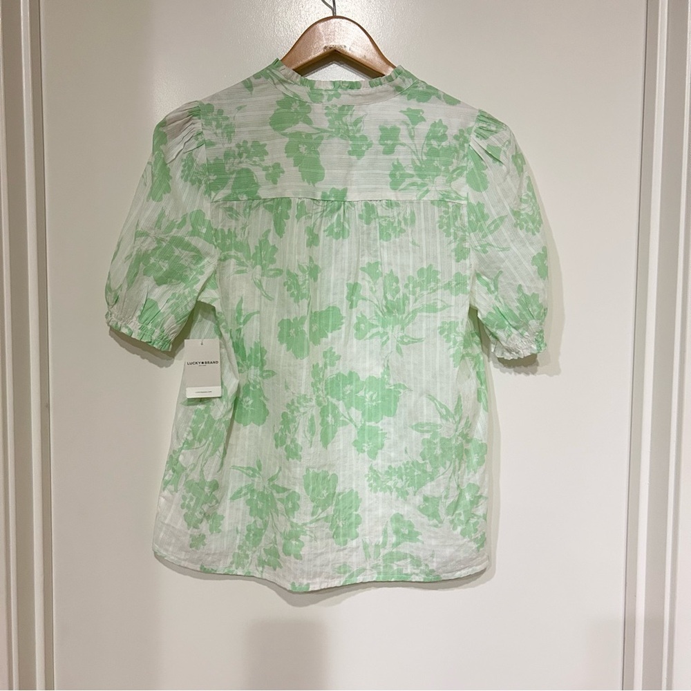 Lucky Brand Puff Sleeve Popover Blouse green multi-floral 100% cotton NWT size M - Picture 5 of 9